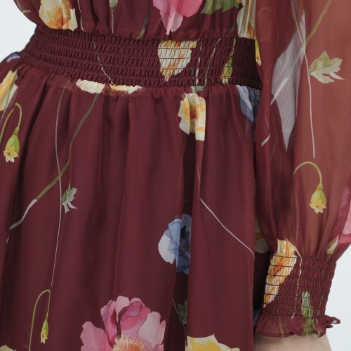 SIXDO G-Wine Floral Voile Flared Dress for Women